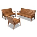 Baxton Studio Sorrento Mid-Century Modern Tan Faux Leather and Walnut Brown Finished Wood 3-Piece Living Room Set 175-10977-10978-10979-Zoro